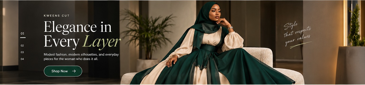 KWEENS CUT modest fashion campaign: deep green and cream coordinated outfit